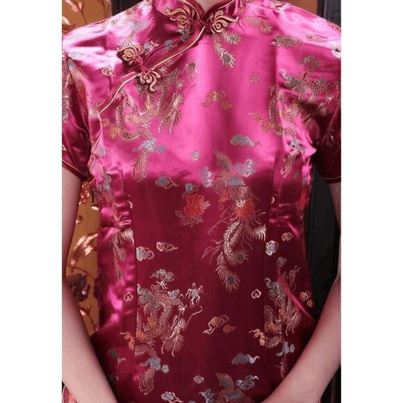 🐉 Mandarin Collar Cheongsam Chinese Dragon Print Side Slits Qipao Dress S NEW - Picture 6 of 16